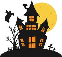 Vector black halloween house with ghost and tree with moon