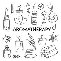 Vector set of aromatherapy illustrations.Hand drawn, doodle