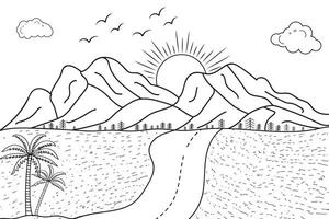 hand-drawn line art landscape mountain view, with sun and clouds, under the river, wild beach sunset and sunrise outline waves Nature view, lake line drawing island hills, Kids drawing coloring page vector