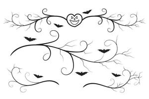 set of Halloween calligraphy flourish filigree wilds swirls, decorative elements elegant vines spiral corner frame, bat pumpkin heart vine scroll scary spider dry tree style calligraphic ornaments vector