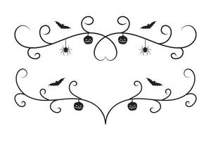 set of Halloween calligraphy flourish filigree wilds swirls, decorative elements elegant vines spiral corner frame, bat pumpkin heart vine scroll scary spider dry tree style calligraphic ornaments vector