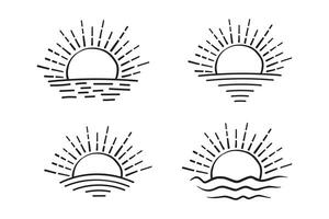 set of hand-drawn isolated sun vectors, summer Sunrise Sunset sunshine sunlogo icon, Rising sunlight icon, Summertime sunbeam icons, line art Yellow sun collection, hot weather icons, water waves vector