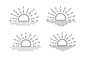 set of hand-drawn isolated sun vectors, summer Sunrise Sunset sunshine sunlogo icon, Rising sunlight icon, Summertime sunbeam icons, line art Yellow sun collection, hot weather icons, water waves vector