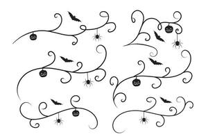 set of Halloween calligraphy flourish filigree wilds swirls, decorative elements elegant vines spiral corner frame, bat pumpkin heart vine scroll scary spider dry tree style calligraphic ornaments vector