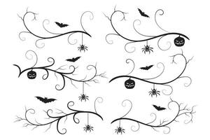 set of Halloween calligraphy flourish filigree wilds swirls, decorative elements elegant vines spiral corner frame, bat pumpkin heart vine scroll scary spider dry tree style calligraphic ornaments vector