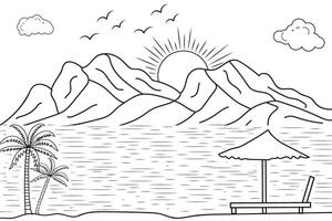 hand-drawn line art landscape mountain view, with sun and clouds, under the river, wild beach sunset and sunrise outline waves Nature view, lake line drawing island hills, Kids drawing coloring page vector