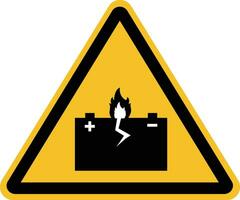 Yellow triangle warning sign with battery icon. Dangerous batteries warning sign. flat style. vector