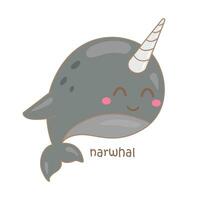 Alphabet N For Narwhal Vocabulary School Lesson Cartoon Illustration Vector Clipart Sticker