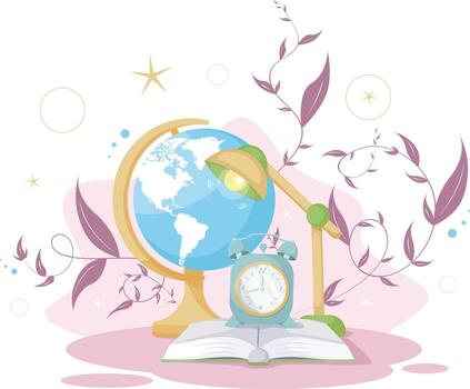 Illuminating Education. Book, Globe, Clock, and Desk Lamp in the Realm of Learning vector