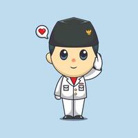 Cute flag raiser boy saluting indonesian independence day. vector