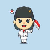 Cute flag raiser female holding indonesian flag in indonesian independence day vector