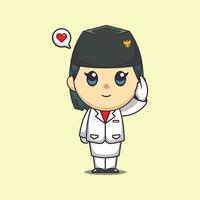 Cute flag raiser female saluting indonesian independence day. vector