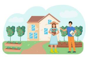 el familia es planificación un jardín. marido y esposa jardineros ambientalmente simpático productos agricultura. vector