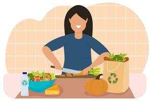 A woman in the kitchen cooks from organic products. Recycling. Vegetables. Natural products. vector