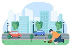 Environmental activist planting a plant in the city. Green City. Landscaping. Nature vector