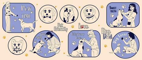 Dog dental health stickers. Canine dental care and hygiene concept. Maintaining healthy dog teeth and gums. Vector illustration