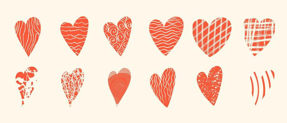 Colorful hearts with loop, drops, spots, curves, lines and waves. Hand drawn doodle elements. Vector illustration with wavy and spiral elements. Design elements for social media posts