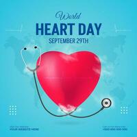 World Heart Day September 29th banner with hearth shape and stethoscope illustration vector