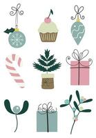 Christmas winter set. Christmas tree blue bauble, muffin with cherry, pink candy, Christmas tree in a pot, pink and blue gifts boxes, mistletoe. vector