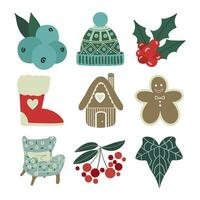 Christmas winter set. Berry, knitted hat, holly twig with berry, boot, gingerbread, armchair, and ivy leaf. vector