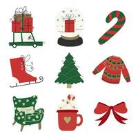 Christmas winter set. Green car with gifts boxes, candy, ice skate, Christmas tree, sweater, armchair, hot chocolate, red bow. vector