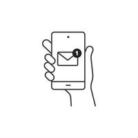 Hand hold smartphone, email send, new message notification line icon. Phone message outline icon. Isolated vector