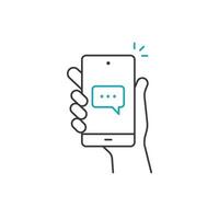 Hand hold smartphone, email send, new message notification line icon. Phone message outline icon. Isolated vector