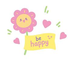 cute kawaii happy flower with ribbon for adding text hand drawn cartoon vector