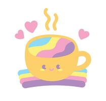 linda kawaii contento taza con dulce arco iris bebida mano dibujado dibujos animados vector