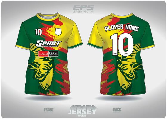 EPS jersey sports shirt vector.Goat label green yellow red pattern design, illustration, textile background for round neck sports t-shirt, football jersey shirt