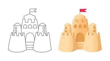 Sand castle simple outline and cartoon style illustration on white background. Sand fortress with towers on the beach, isolated objects vector