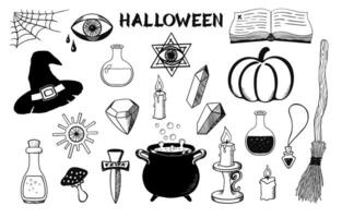 Halloween objects set. Magical hand drawn symbols. Witch cauldron, hat, broom, candles and other design elements for Halloween. Sketch style. Vector illustration