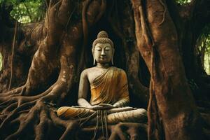 Ancient buddha statue under big tree. Generative AI photo