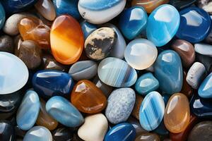 Beach gemstones. Pile of precious stones. Natural material for interior design, digital ai. photo