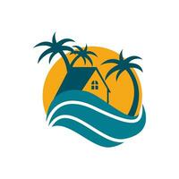 minimalista icono puesta de sol playa casa logo vector