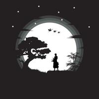 illustration vector graphic of Samurai training at night on a full moon. Perfect for wallpaper, poster, etc. Landscape wallpaper, Illustration vector style,  One Piece, Roronoa Zoro