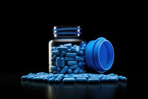Blue pills with bottle on black background. Medicine pills, digital ai. photo