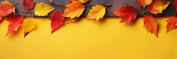 Autumn background with colored leaves on yellow background. Generative AI photo