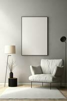 Blank picture frame mockup on gray wall. Modern living room design. Vertical template for artwork, digital ai. photo