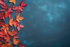 Autumn background with colored leaves on blue background. Generative AI photo