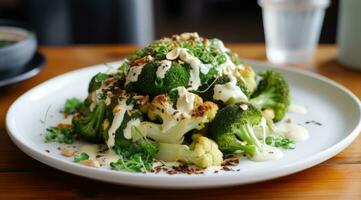 Fresh broccoli and cauliflower salad with Tahini dressing on plate photo