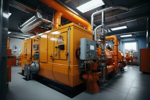 Modern boiler room with gas boilers, industrial heating. photo