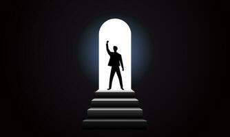 Businessmen go through gloomy obstacles to success. Light at the end of the tunnel. Vector illustration.