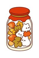 Kawaii Autumn Jam Jars.Vector kawaii clipart illustration of code jam jars with autumn leaves and charming characters, set on a cut isolated background, adding a delightful touch to the autumn scenery vector