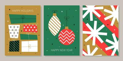 Merry Christmas and Happy New Year greeting card set. Hand drawn Trendy Winter Holidays art templates. Vector illustration
