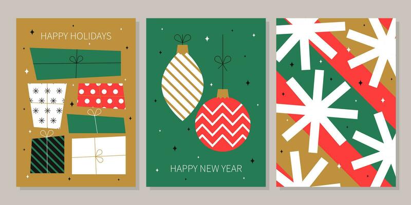 Merry Christmas and Happy New Year greeting card set. Hand drawn Trendy Winter Holidays art templates. Vector illustration