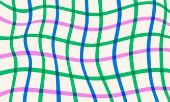 Naive checkered abstract background in doodle style. Trippy psychedelic groovy backdrop. Colorful wavy plaid fabric ornament. Minimalistic trendy striped pattern in vivid colors vector