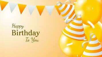 birthday greeting card design with balloon, birthday hat and confetti decoration in orange and white color vector