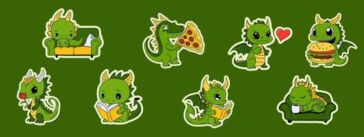 Set of Vector Stock Illustration isolated Emoji characters green cartoon dragon dinosaur laughs sticker emoticon for site, info graphics, video, animation, websites, mail, newsletters, reports, comic