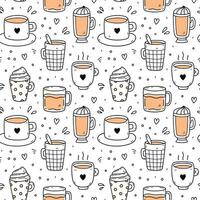 Cute seamless pattern with coffee cups - americano, cappuccino, mocha, latte. Vector hand-drawn illustration in doodle style. Perfect for print, menu, wrapping paper, wallpaper, various designs.